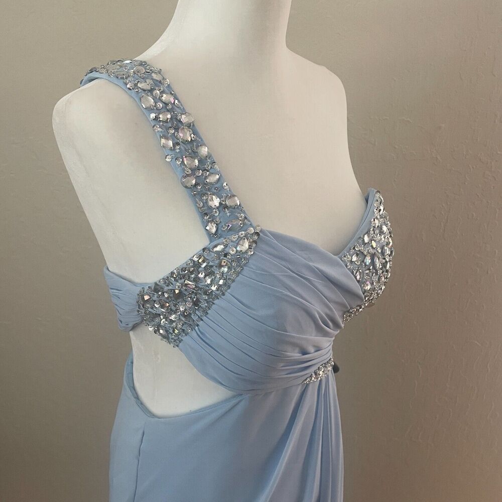 JJ's House 6 prom gown 1-shoulder chiffon beading sequin split sky blue cut-out - Picture 5 of 16